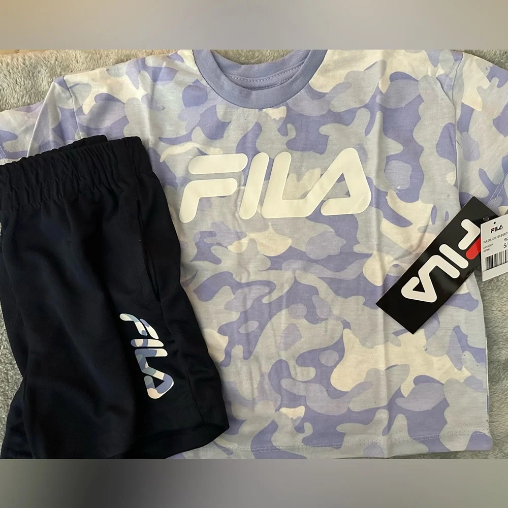 FILA Matching Set Girls Size‎ 5/6 Tee and Shorts Set Purple And White NWT